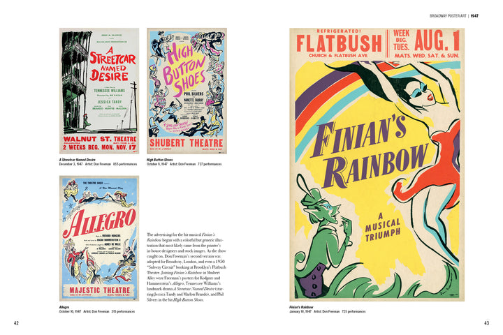 Broadway Poster Art by Schiffer Publishing, Ltd. showcases a two-page spread with four vintage Broadway posters—A Streetcar Named Desire, High Button Shoes, Allegro, and Finian’s Rainbow—plus detailed notes on this rare theatre memorabilia.
