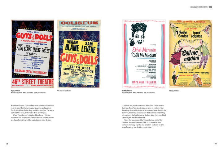 Broadway Poster Art by Schiffer Publishing, Ltd. features four vintage posters for Guys and Dolls and Call Me Madam, displayed on a white background—perfect memorabilia for classic musical fans with vibrant typography and illustrations.