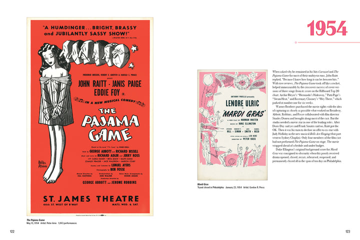 Left: Broadway Poster Art by Schiffer Publishing, Ltd. showcases a vivid red poster for The Pajama Game with an illustrated woman in pajamas. Right: Mardi Gras program cover from 1954—exceptional theatre memorabilia for collectors.