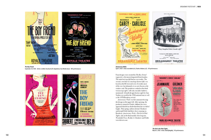 Broadway Poster Art by Schiffer Publishing, Ltd. showcases vintage Broadway posters and theatre memorabilia with bold colors, lively illustrations, and playful 1950s-style typography.