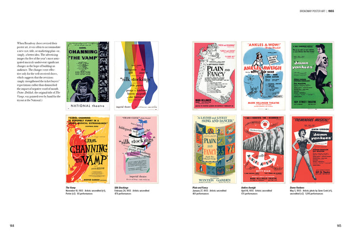 The "Broadway Poster Art" spread by Schiffer Publishing, Ltd. features ten colorful 1955 Broadway posters across two pages, with graphics and text plus a brief description—ideal for theatre memorabilia enthusiasts.