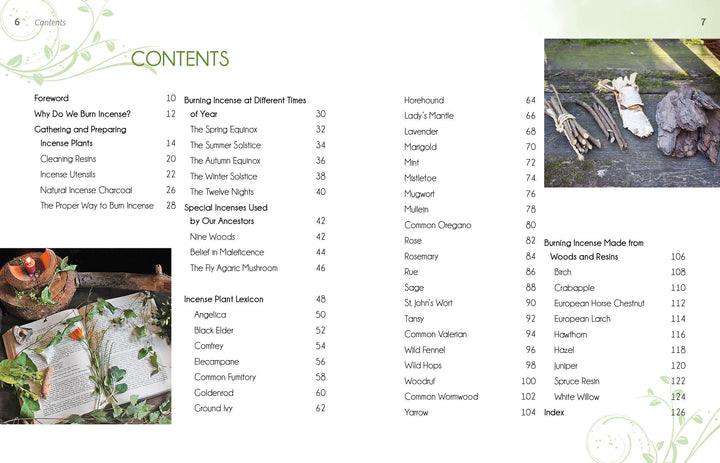 A page from "Essence and Ember" by Schiffer Publishing, Ltd., showcasing a holistic incense guide on herbs and resins used in incense crafting.