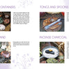 A spread in Essence and Ember by Schiffer Publishing, Ltd. displays incense containers, tongs and spoons, incense sand, and charcoal—each with text and photos—offering a holistic look at tools for exploring herbs and resins.