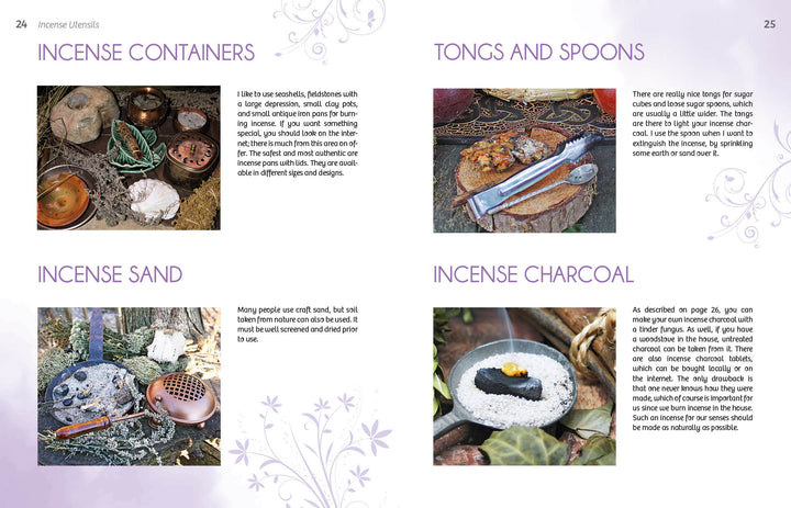 A spread in Essence and Ember by Schiffer Publishing, Ltd. displays incense containers, tongs and spoons, incense sand, and charcoal—each with text and photos—offering a holistic look at tools for exploring herbs and resins.