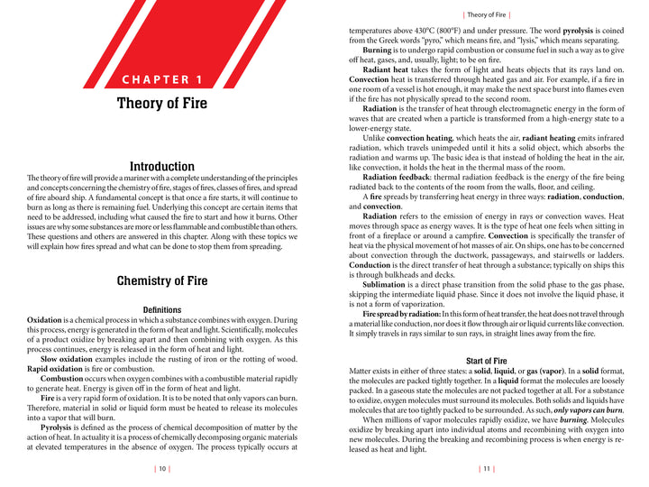 Schiffer Publishing, Ltd.'s "Maritime Firefighting" features a Theory of Fire section with Introduction, Chemistry of Fire, and State of Fire, covering principles, oxidation, combustion, and key maritime fire safety processes.