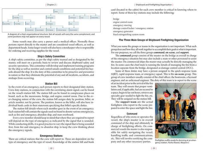 Maritime Firefighting by Schiffer Publishing, Ltd. features a ship’s organizational chart, maritime fire safety protocols, and a photo of firefighters in gear preparing for shipboard emergencies.