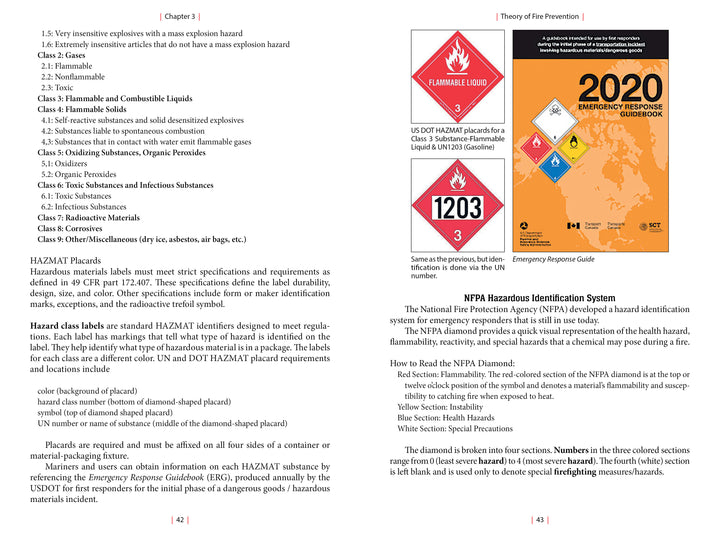 A page from Schiffer Publishing, Ltd.’s “Maritime Firefighting” shows hazardous materials classes, flammable liquid placards, and guides on hazard IDs and maritime firefighting essentials.