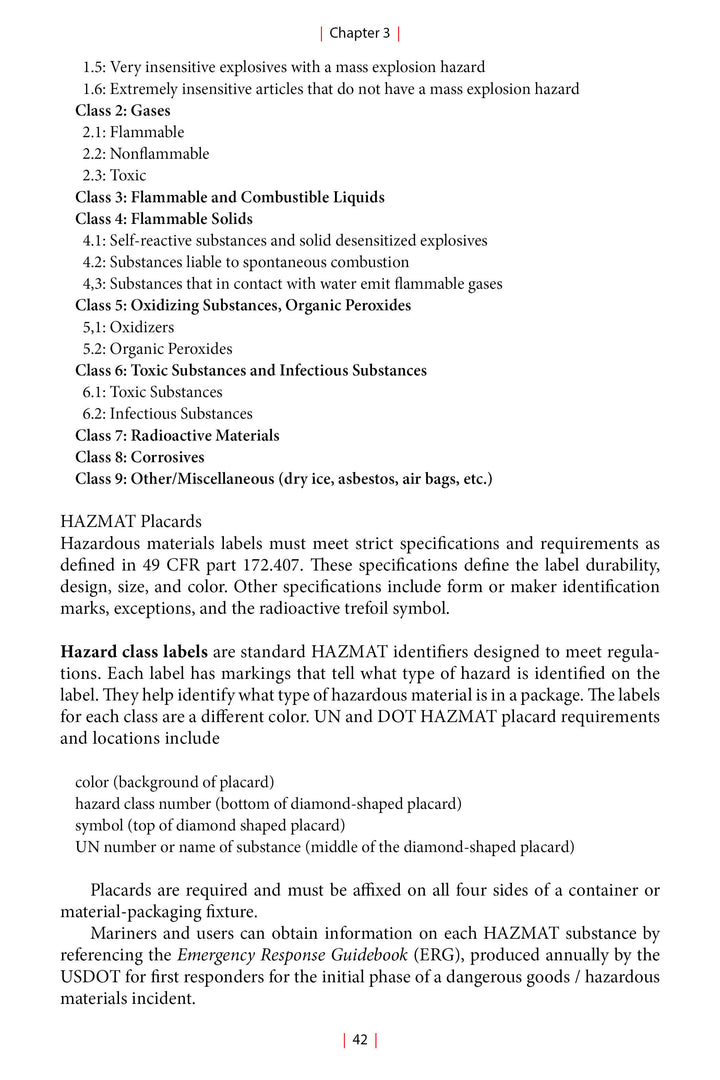 A textbook page from "Maritime Firefighting" by Schiffer Publishing, Ltd. details hazardous material classifications, placarding and labeling rules, classes of explosives, gases, flammables, plus maritime fire safety regulations.