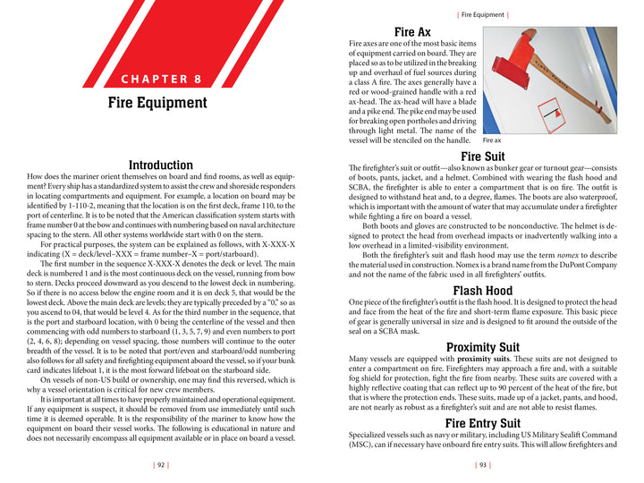 A book spread from Schiffer Publishing's "Maritime Firefighting" shows Chapter 8: Fire Equipment, with red graphics. The left page introduces maritime fire safety; the right details axes, entry suits, flash hoods, and proximity suits.