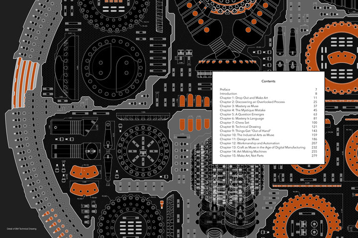 The contents page of "The Machinist Sculptor" by Schiffer Publishing, Ltd. overlays a detailed, circuit-inspired black and grey illustration with orange accents, echoing the precision and intricacy of modern machining art.