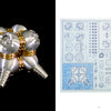 Left: The Machinist Sculptor by Schiffer Publishing, Ltd. showcases a futuristic metallic sphere with conical extensions and gold bands. Right: Its blueprint highlights intricate mechanical components and assembly diagrams on a white background.