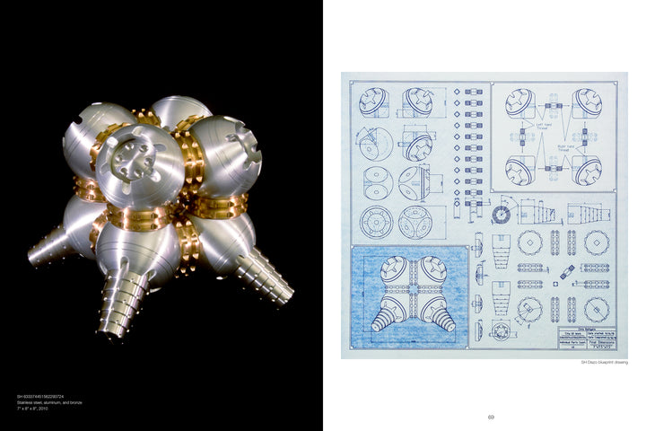 Left: The Machinist Sculptor by Schiffer Publishing, Ltd. showcases a futuristic metallic sphere with conical extensions and gold bands. Right: Its blueprint highlights intricate mechanical components and assembly diagrams on a white background.