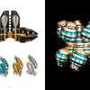 Four metallic, spiral sculptures in black, gold, silver, and blue stand on white (left), with Bathgate-inspired spheres clustered on black (right). From "The Machinist Sculptor" by Schiffer Publishing, Ltd.