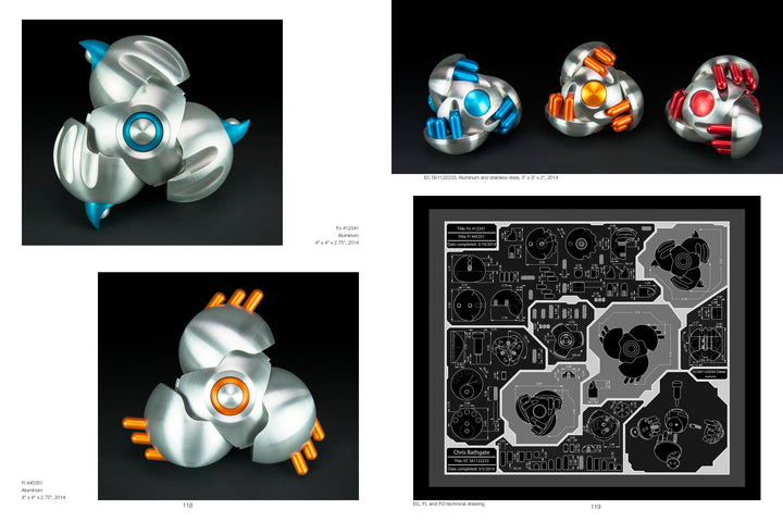 Four metallic, spherical objects with colorful accents from "The Machinist Sculptor" by Schiffer Publishing, Ltd. are shown from multiple angles; the lower right image features a detailed technical blueprint on a black background.
