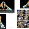 A collage of "The Machinist Sculptor" by Schiffer Publishing, Ltd. displays its metallic, spiked form from multiple angles on a black background, with workshop shots and close-ups of metal parts and tools documenting the machining process.