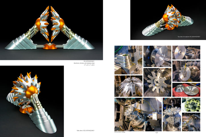 A collage of "The Machinist Sculptor" by Schiffer Publishing, Ltd. displays its metallic, spiked form from multiple angles on a black background, with workshop shots and close-ups of metal parts and tools documenting the machining process.