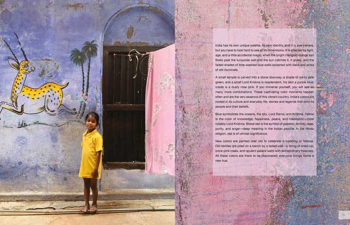 A young girl in yellow stands by a painted purple wall with a cartoon deer and pink cloth. "The Pigment Trail" by Schiffer Publishing, Ltd. celebrates Indian festival colors; related text is displayed on the right.
