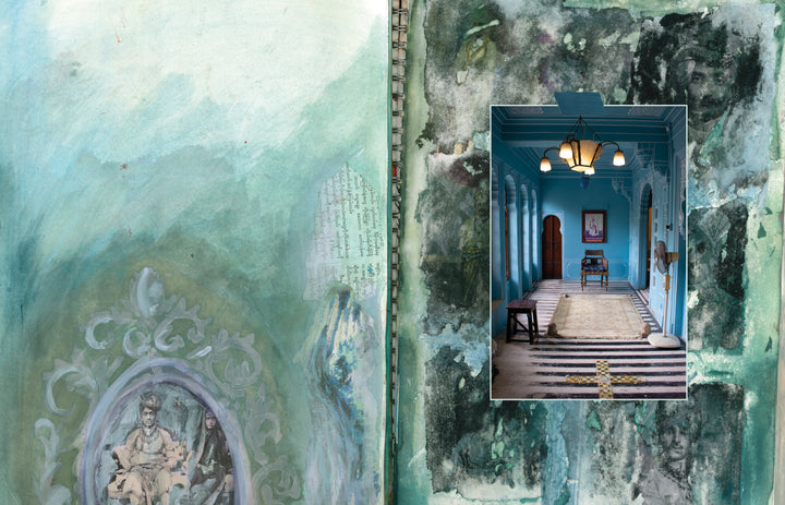 An open art journal from "The Pigment Trail" by Schiffer Publishing, Ltd. features a faded vintage photo on the left and a vibrant blue hallway on a textured, mixed-media right page, inspired by Rajasthan and Indian decorative arts.