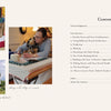 The contents page of "Intermediate & Advanced Punch Needle Rug Hooking" by Schiffer Publishing, Ltd. features images of Oxford Punch Needle tools, crafters at work, a white house with garden, and lists punch needle rug hooking topics.