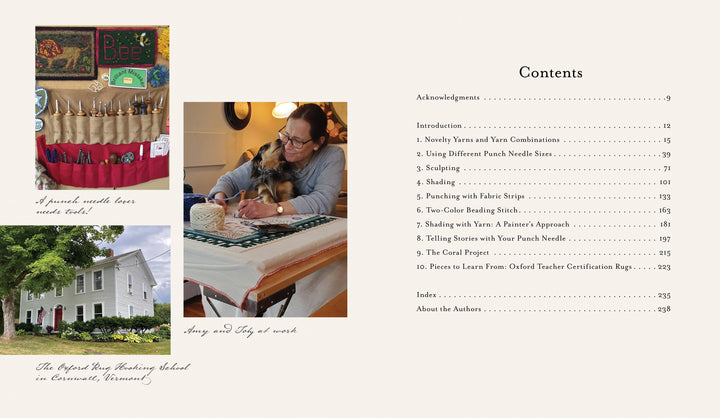 The contents page of "Intermediate & Advanced Punch Needle Rug Hooking" by Schiffer Publishing, Ltd. features images of Oxford Punch Needle tools, crafters at work, a white house with garden, and lists punch needle rug hooking topics.