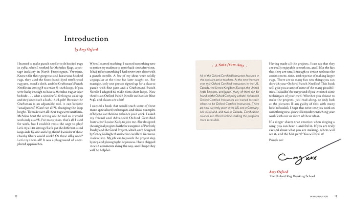 A two-page spread from Schiffer Publishing, Ltd.'s "Intermediate & Advanced Punch Needle Rug Hooking" features an Introduction page discussing punch needle projects and a right page with "A Note from Amy" and her signature closing message.