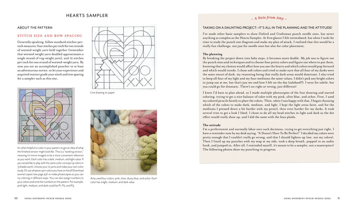 A two-page spread from Schiffer Publishing, Ltd.’s "Intermediate & Advanced Punch Needle Rug Hooking": left page shows a heart sampler pattern and threads; right page features “A Note from Amy” on planning stitching or punch needle projects.