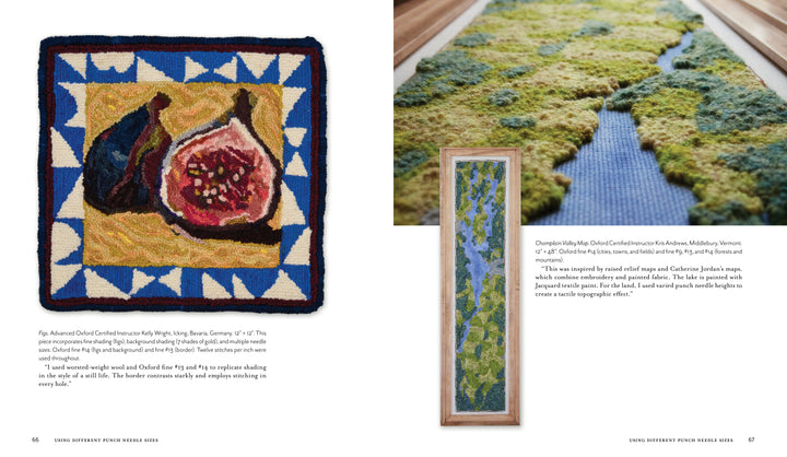 Left: A hooked rug made with Intermediate & Advanced Punch Needle Rug Hooking by Schiffer Publishing, Ltd. shows a fig and slice on blue with a yellow background. Right: A rectangular textile resembles lush, green mossy landscape.