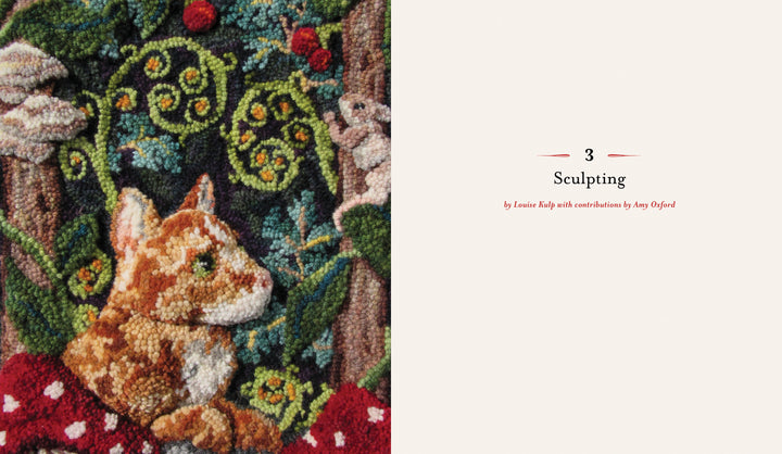 A colorful, textured rug made with Punch Needle features an orange and white cat among red mushrooms and green leaves. On the right, text reads: "Intermediate & Advanced Punch Needle Rug Hooking by Schiffer Publishing, Ltd.
