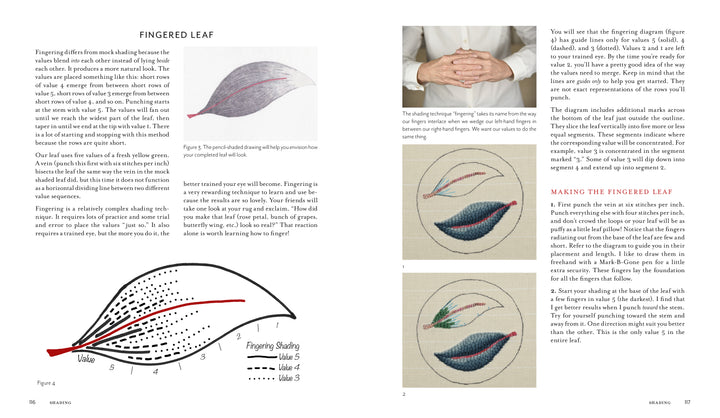 A magazine spread from Schiffer Publishing, Ltd.’s "Intermediate & Advanced Punch Needle Rug Hooking" features a “Fingered Leaf” embroidery tutorial with diagrams, step-by-step instructions, leaf images, and a photo of hands above a plain shirt.