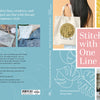 Book cover for Stitch with One Line by Schiffer Publishing, Ltd. features minimalist one-line embroidery on tote bags, fabric, and vases, with yellow and blue accents highlighting beginner-friendly project ideas.