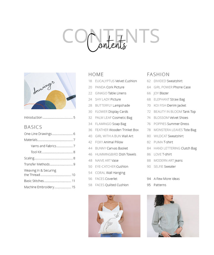 A contents page headed CONTENTS lists Home and Fashion. Two women model shirts from Schiffer Publishing, Ltd.’s Stitch with One Line collection, each featuring one-line embroidery at the bottom.