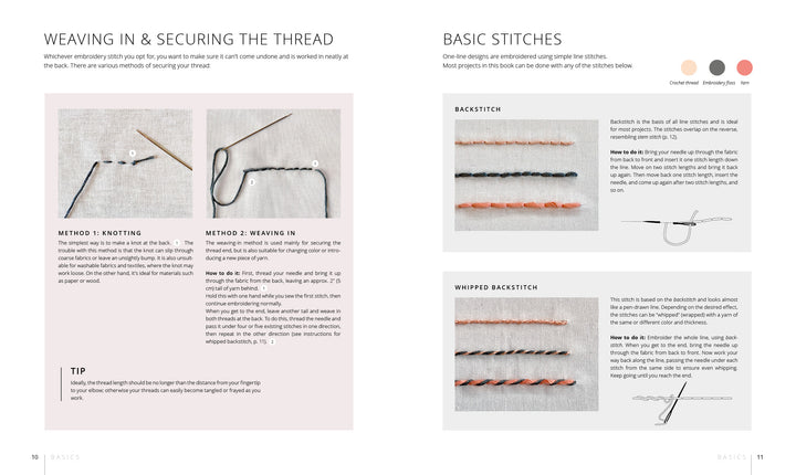 A Stitch with One Line guidebook from Schiffer Publishing, Ltd. features illustrated instructions for securing embroidery thread and basic stitches like backstitch and whipped backstitch—ideal for beginners—with step-by-step photos in various thread colors.