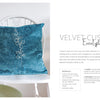 A blue velvet "Stitch with One Line" cushion by Schiffer Publishing, Ltd., featuring a white one-line eucalyptus embroidery, rests on a white chair beside a vase of yellow billy balls. Text to the right details the cushion and its materials.