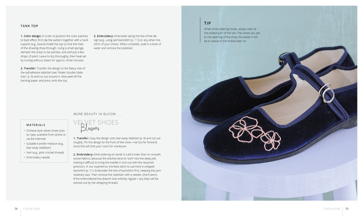 A pair of navy velvet Mary Jane shoes with pink floral embroidery—featured as a project in Stitch with One Line by Schiffer Publishing, Ltd.—rest on a white stool; embroidery instructions and shoe design tips appear on the left side.