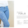 A person in light blue jeans featuring a minimalist white abstract face embroidery from "Stitch with One Line" by Schiffer Publishing, Ltd. holds a wicker chair. Text highlights beginner embroidery projects to personalize your jeans.