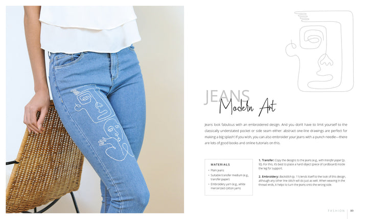 A person in light blue jeans featuring a minimalist white abstract face embroidery from "Stitch with One Line" by Schiffer Publishing, Ltd. holds a wicker chair. Text highlights beginner embroidery projects to personalize your jeans.