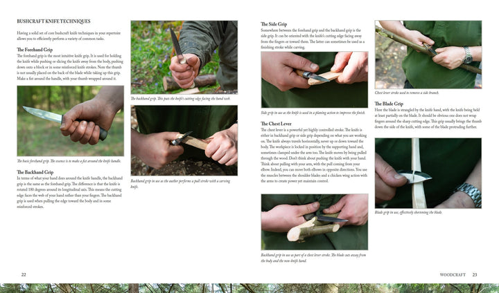 A two-page spread in Core Bushcraft by Schiffer Publishing, Ltd. features close-up photos of hands demonstrating essential knife grips and wood carving techniques, with descriptive text beside each step.