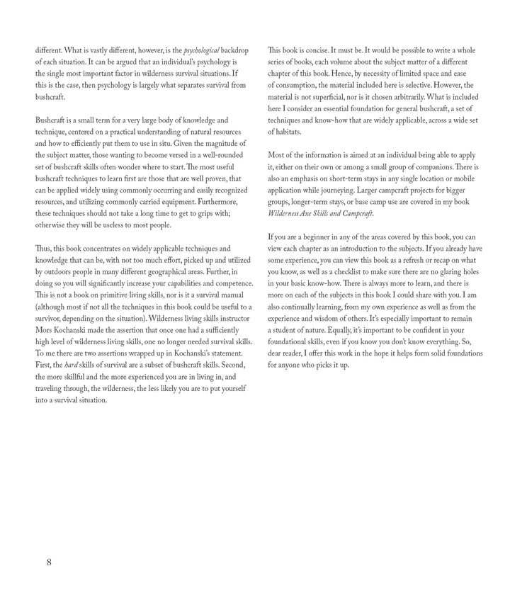 Two pages of Core Bushcraft by Schiffer Publishing, Ltd. feature two-column text: the left page covers survival psychology and bushcraft skills; the right introduces the guide’s content, approach, and themes. No images or graphics are included.