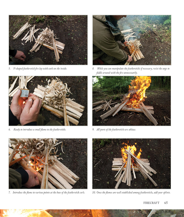 A six-step photo guide from "Core Bushcraft" by Schiffer Publishing, Ltd. shows how to build a fire using feathersticks, covering stick prep, lighting curls, adding fuel, and spreading the fire—an essential bushcraft skill.