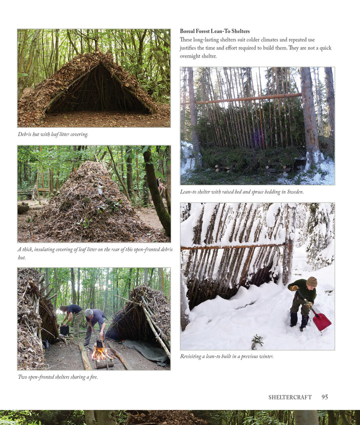 A collage of lean-to survival shelters, some with debris or snow, built using bushcraft skills from "Core Bushcraft" by Schiffer Publishing, Ltd., showcases essential outdoor survival techniques.