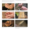 Core Bushcraft by Schiffer Publishing, Ltd. features a step-by-step photo guide on splitting and weaving spruce roots into baskets, with text instructions and captions highlighting essential skills for outdoor survival.