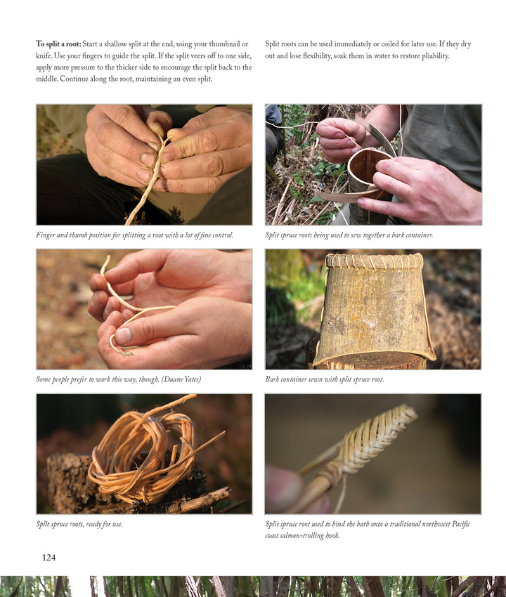 Core Bushcraft by Schiffer Publishing, Ltd. features a step-by-step photo guide on splitting and weaving spruce roots into baskets, with text instructions and captions highlighting essential skills for outdoor survival.