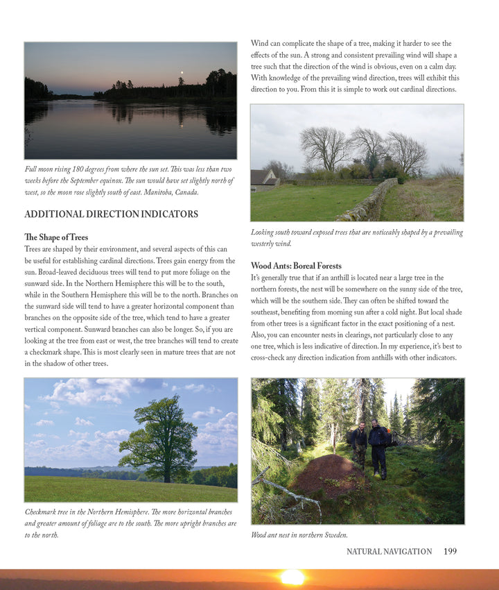 A page from "Core Bushcraft" by Schiffer Publishing, Ltd. shows photos of forests, trees, and water with text on bushcraft skills like tree orientation and direction clues in boreal forests. Page 199 appears at the bottom.