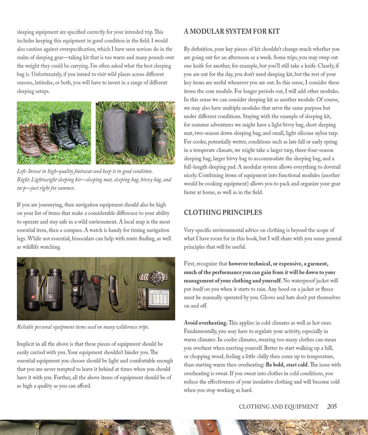 A magazine page features Schiffer Publishing, Ltd.'s "Core Bushcraft," highlighting hiking gear and packing tips, clothing essentials, and wilderness skills—making it an essential outdoor survival guide.
