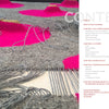 Close-up of Tapestry with Pulled Warp in progress—featuring bright pink circular patches on grey fabric with loose threads, by Schiffer Publishing, Ltd. A textile-focused book’s red and black table of contents appears on the right.
