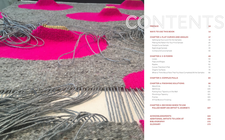 Close-up of Tapestry with Pulled Warp in progress—featuring bright pink circular patches on grey fabric with loose threads, by Schiffer Publishing, Ltd. A textile-focused book’s red and black table of contents appears on the right.