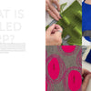 A collage displays four close-ups of hands weaving colorful yarns, paired with a white page titled "Tapestry with Pulled Warp" by Schiffer Publishing, Ltd., featuring text about the pulled warp technique.