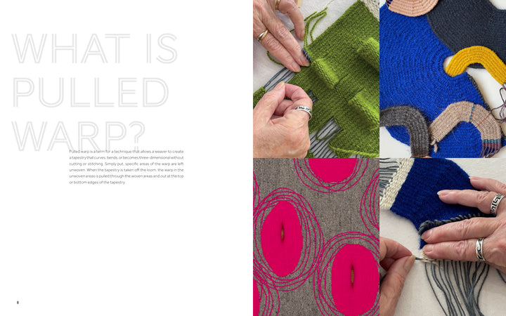 A collage displays four close-ups of hands weaving colorful yarns, paired with a white page titled "Tapestry with Pulled Warp" by Schiffer Publishing, Ltd., featuring text about the pulled warp technique.