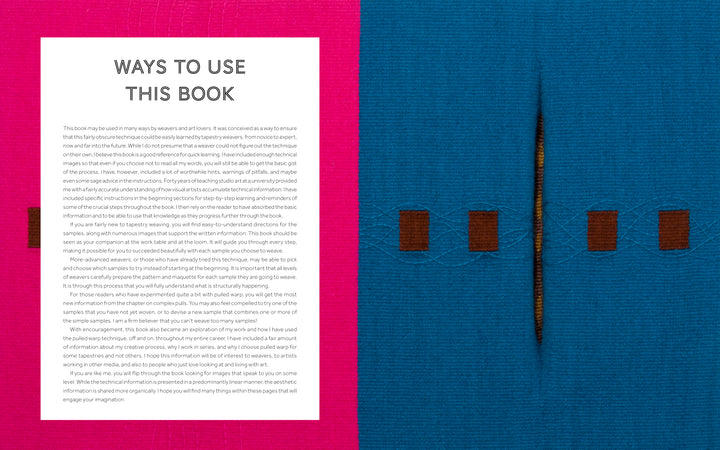 A book spread for Tapestry with Pulled Warp by Schiffer Publishing, Ltd. shows "Ways to Use This Book" in bold on the left with text on white and a pink margin; the right page displays blue fabric with stitched brown squares and a vertical orange seam.