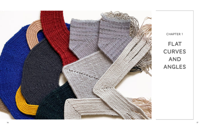A collection of colorful, textured Tapestry with Pulled Warp pieces by Schiffer Publishing, Ltd. featuring curved and angular forms is displayed on a white background. Text on the right reads Chapter 1: Flat Curves and Angles.
